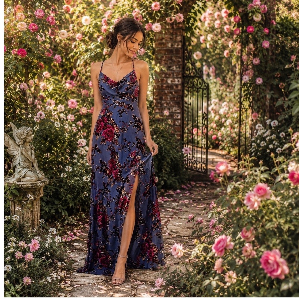 Lulus NWT Burnout Velvet Floral Maxi Dress Dark Romantic Homecoming S